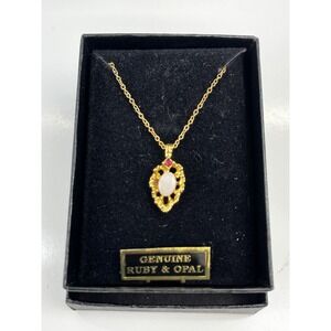 NEW Vintage Van Doran Genuine Ruby+ Fire Opal Gold Tone Pendant Necklace
